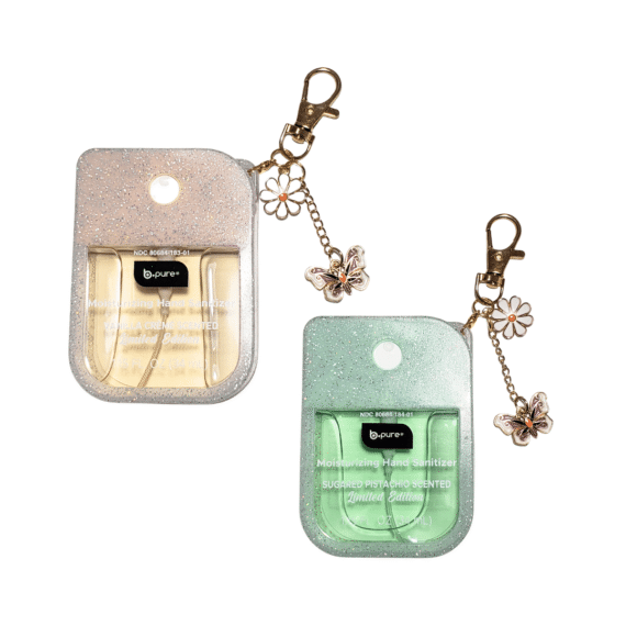 Hand Sanitizer with Glittery Cover and Metal Clip – Moisturizing (Limited Edition) B-Pure – 1.15 fl oz